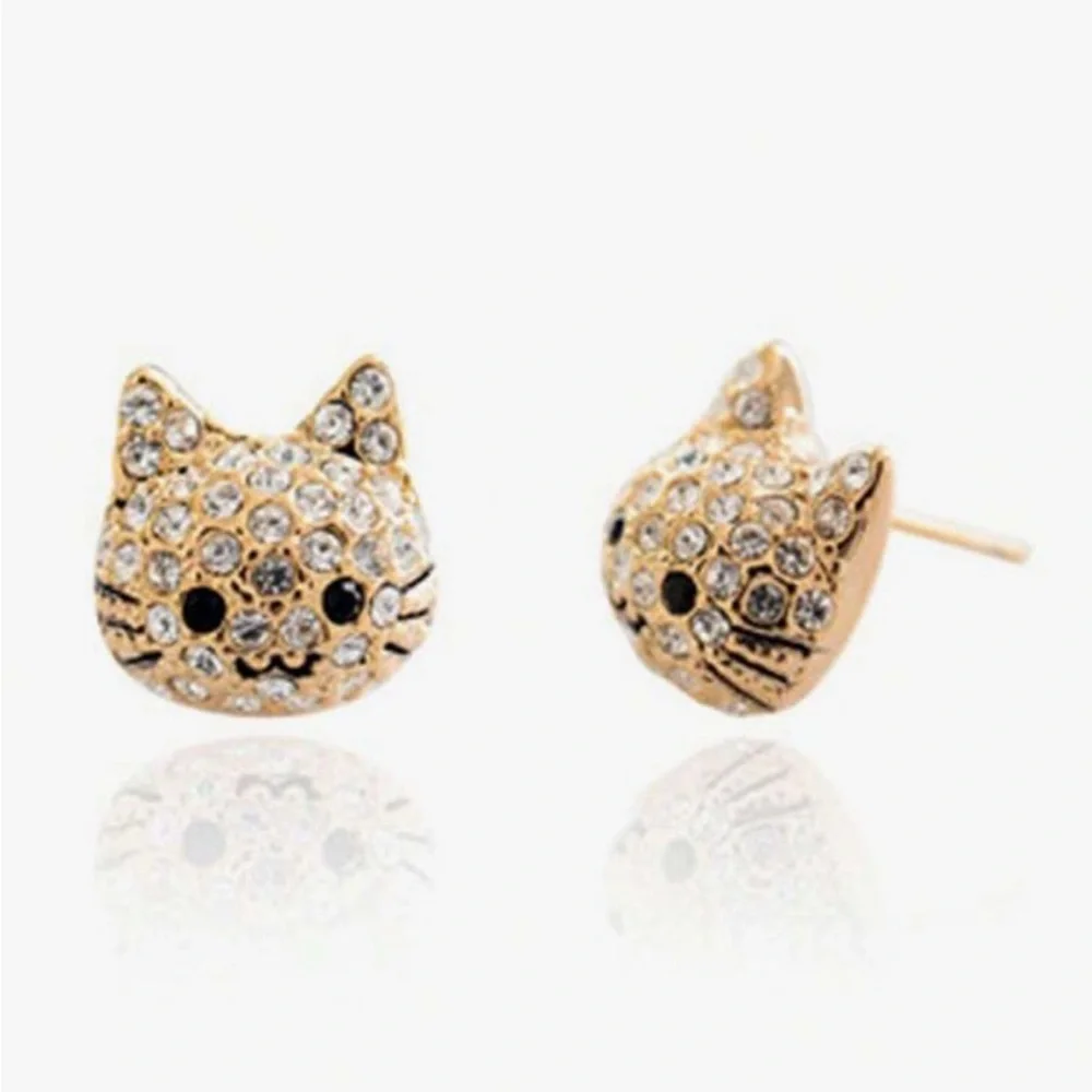 Gold Tone Cat Stud Earrings with Crystals - Picture 2 of 4